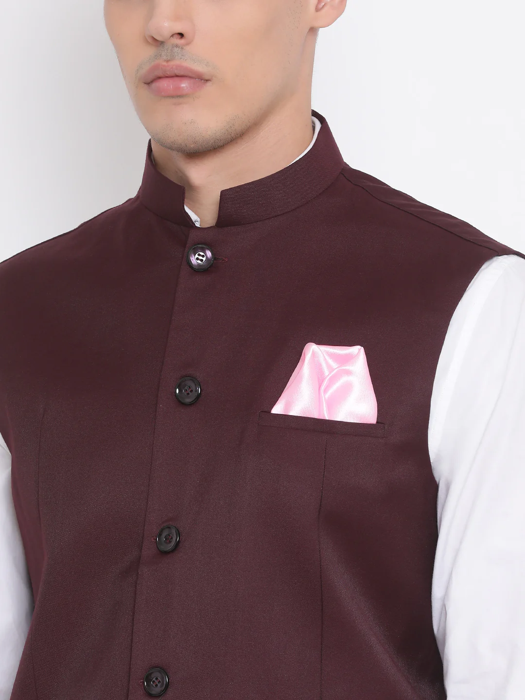 Men's Maroon Cotton Blend Twill Nehru Jacket - Image 4
