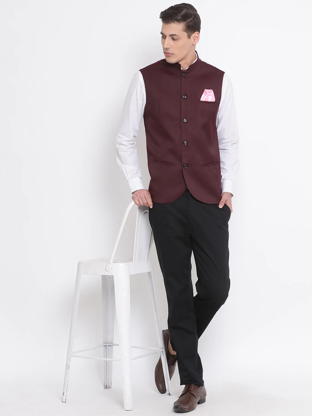 Men's Maroon Cotton Blend Twill Nehru Jacket - Image 5