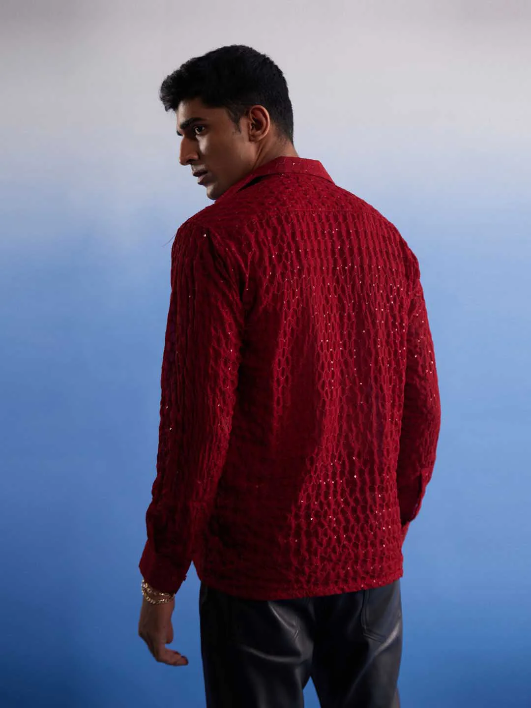 Men's Maroon Fancy Sequined Shirt - Image 3