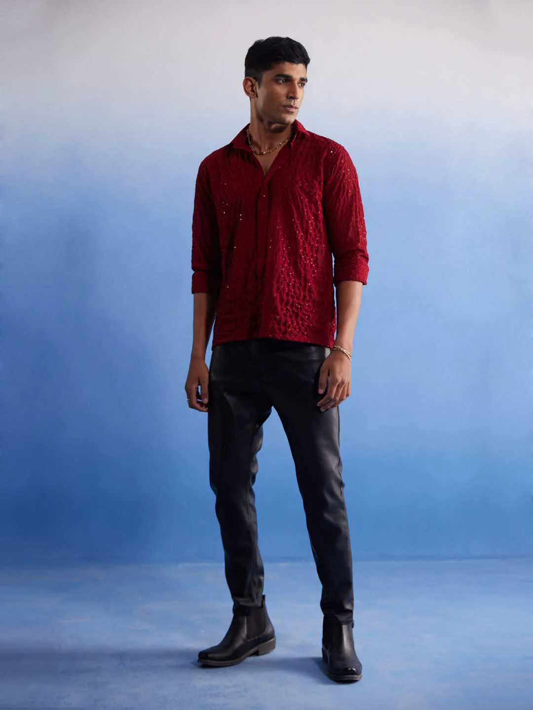 Men's Maroon Fancy Sequined Shirt - Image 5