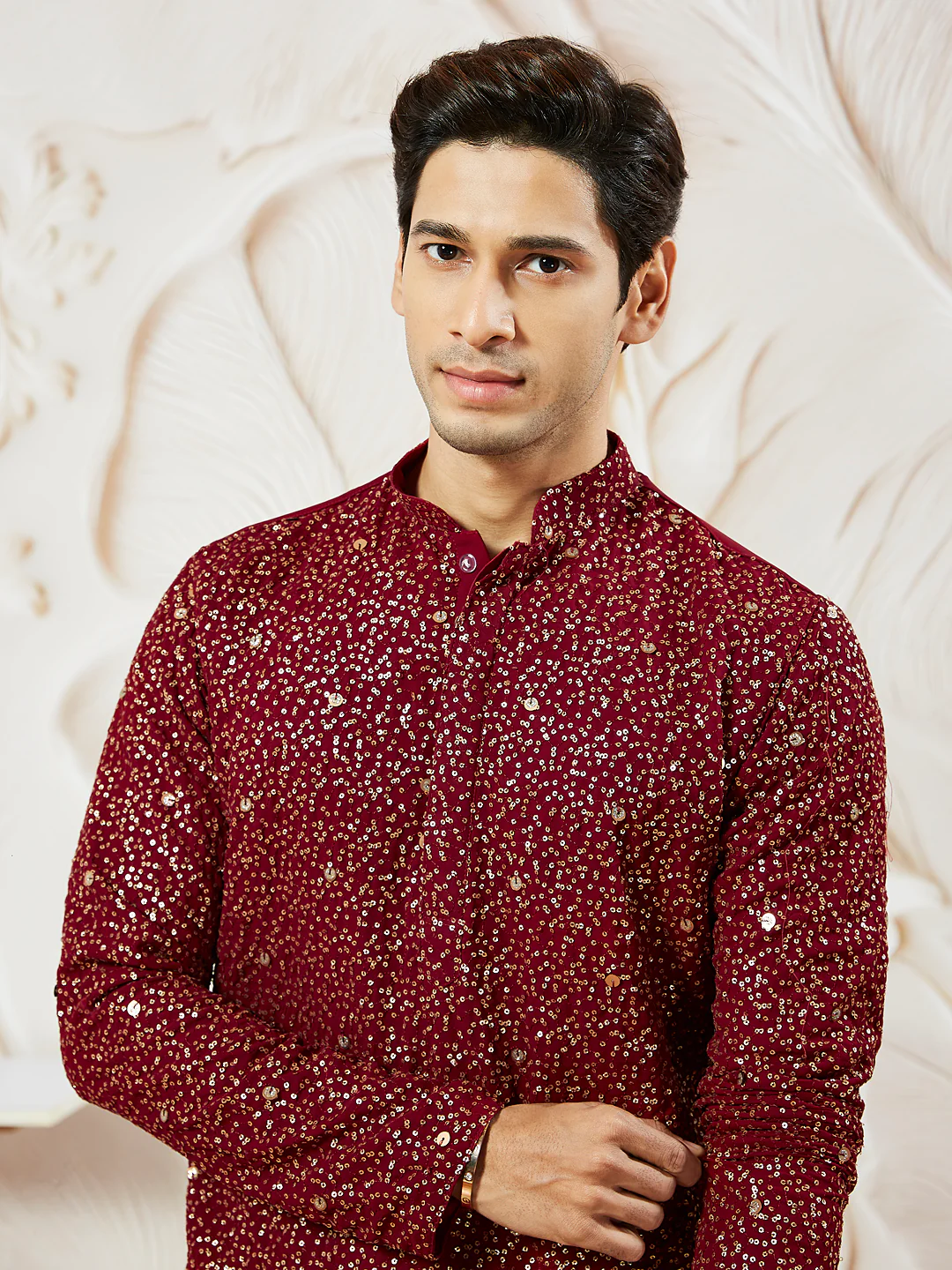 Men's Maroon Georgette Kurta Patiala And Dupatta Set - Image 3