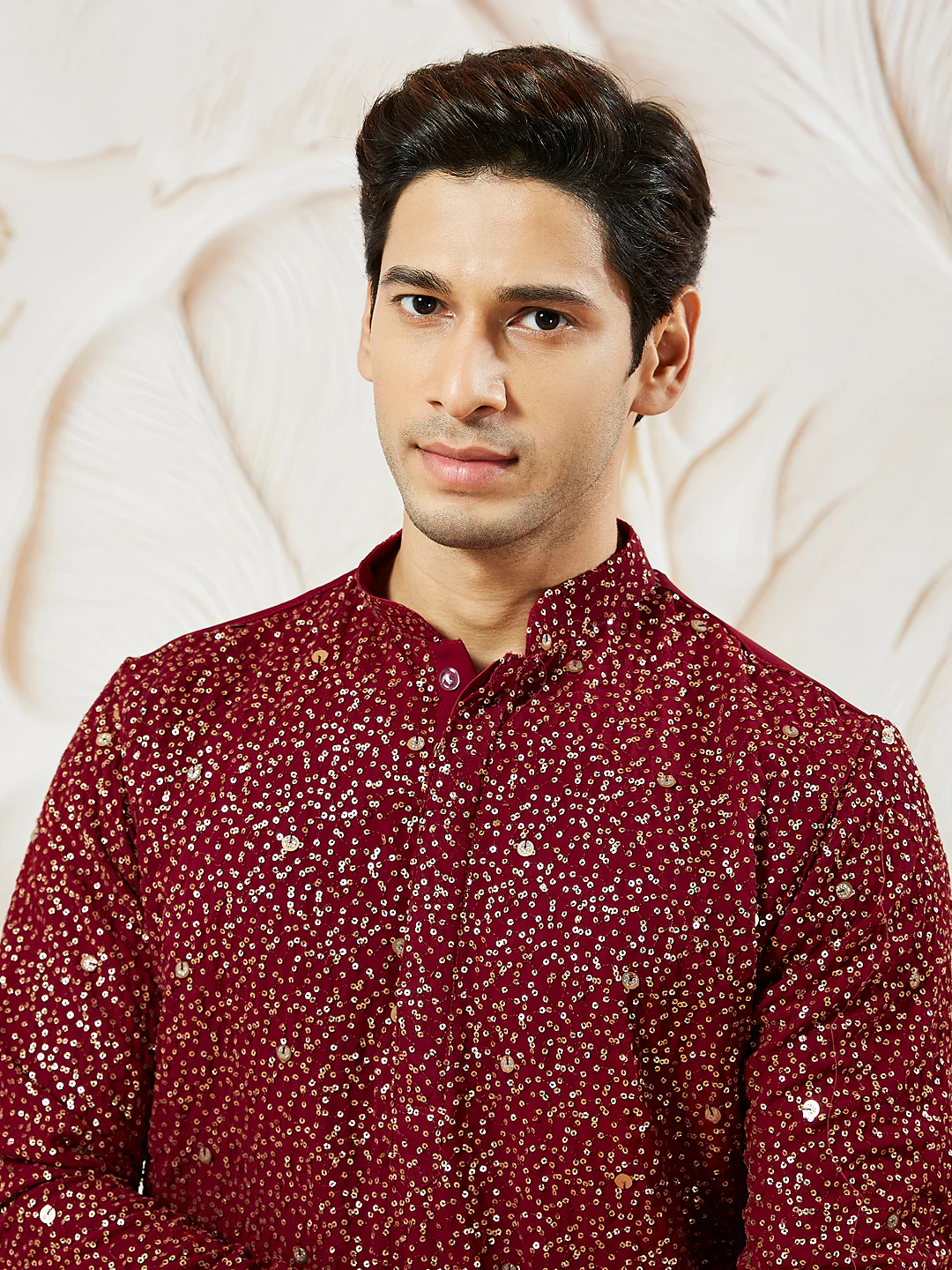 Men's Maroon Georgette Zari With Sequins Worked Kurta - Image 3