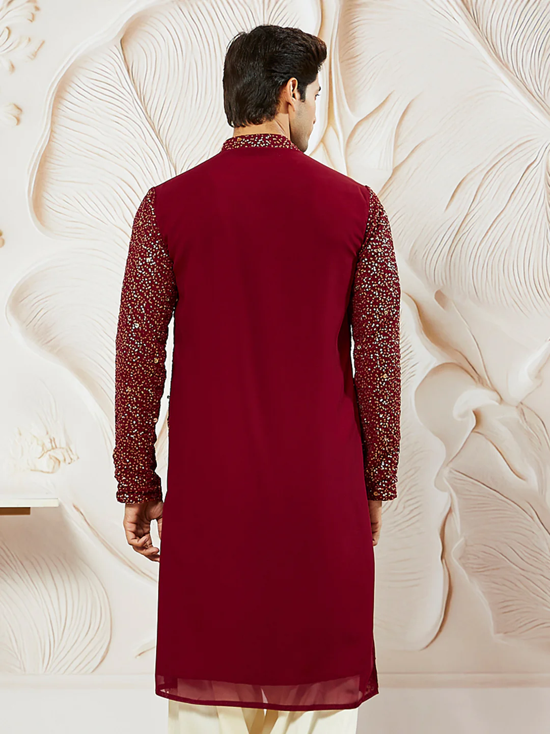 Men's Maroon Georgette Zari With Sequins Worked Kurta - Image 4