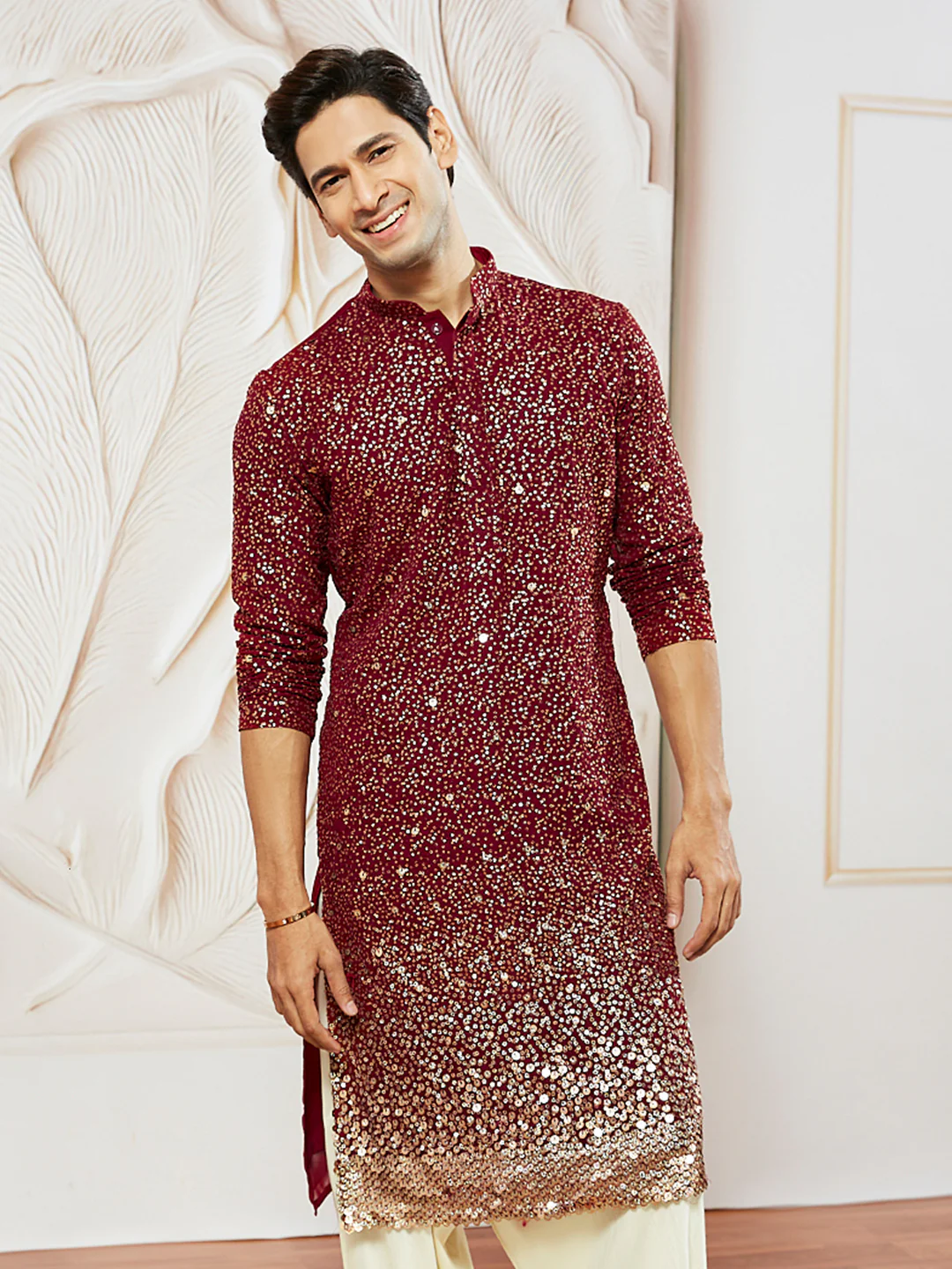 Men's Maroon Georgette Zari With Sequins Worked Kurta - Image 5