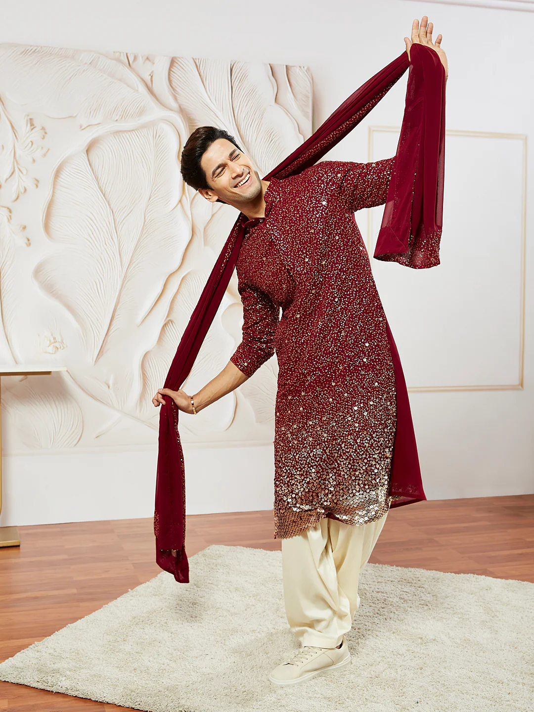 Men's Maroon Georgette Zari With Sequins Worked Kurta - Image 6