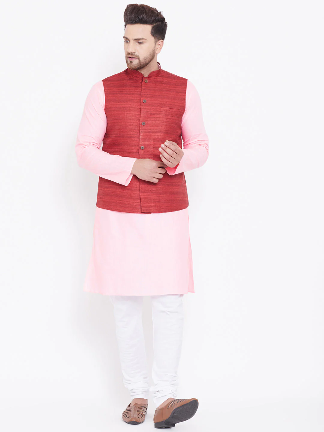 VASTRAMAY Men's Maroon, Pink And White Cotton Blend Jacket, Kurta and Pyjama Set - Image 5