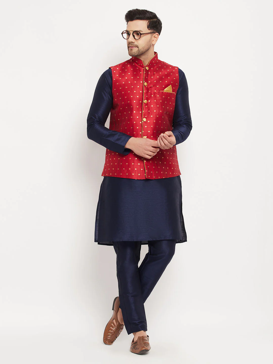 Men's Maroon Zari Weaved Jacket With Kurta Pant Set - Image 6