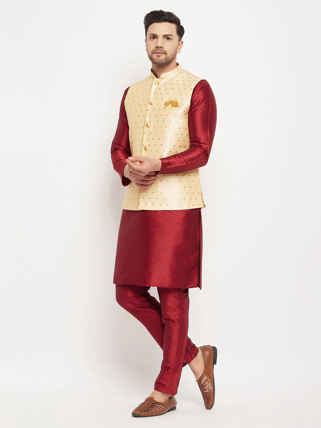 Men's Gold Zari Weaved Jacket With Kurta Pant Set - Image 2