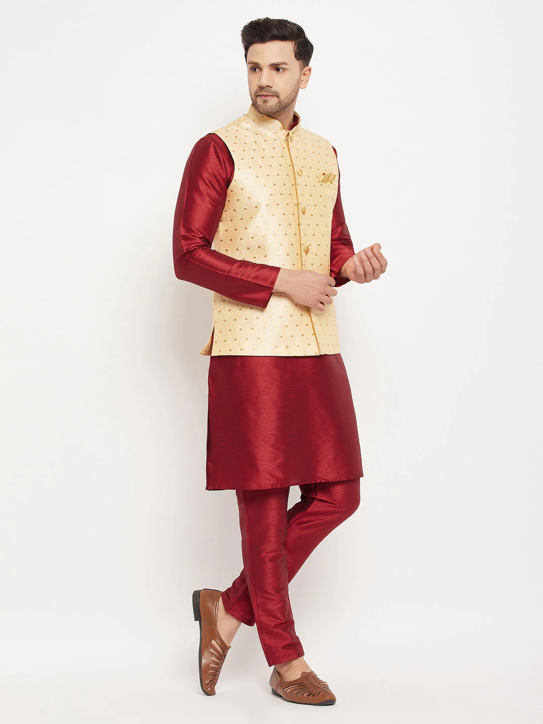 Men's Gold Zari Weaved Jacket With Kurta Pant Set - Image 7