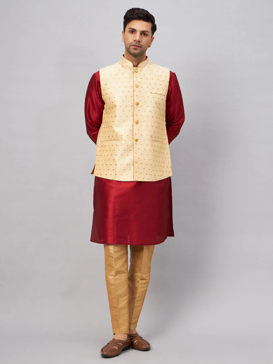Men's Gold Zari Weaved Jacket With Kurta Pant Set - Image 8