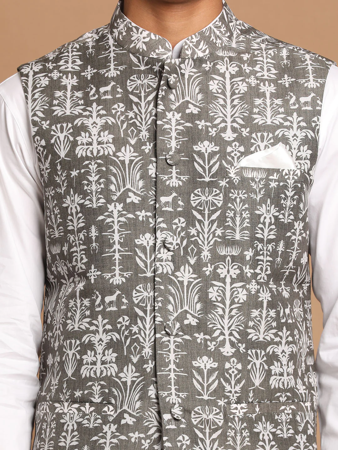 Men's Grey Printed Nehru Jacket With White Solid Kurta & White Cotton Pant Set - Image 4