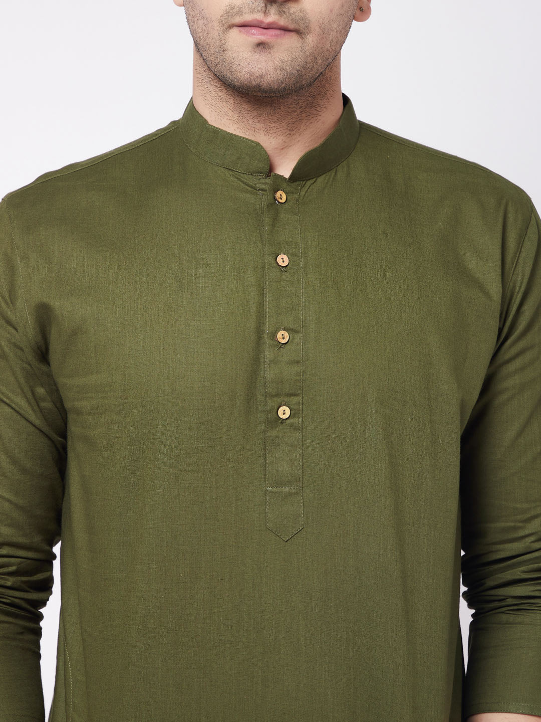 Men's Mehendi Green Solid Cotton Blend Kurta And White  Pyjama Set - Image 4