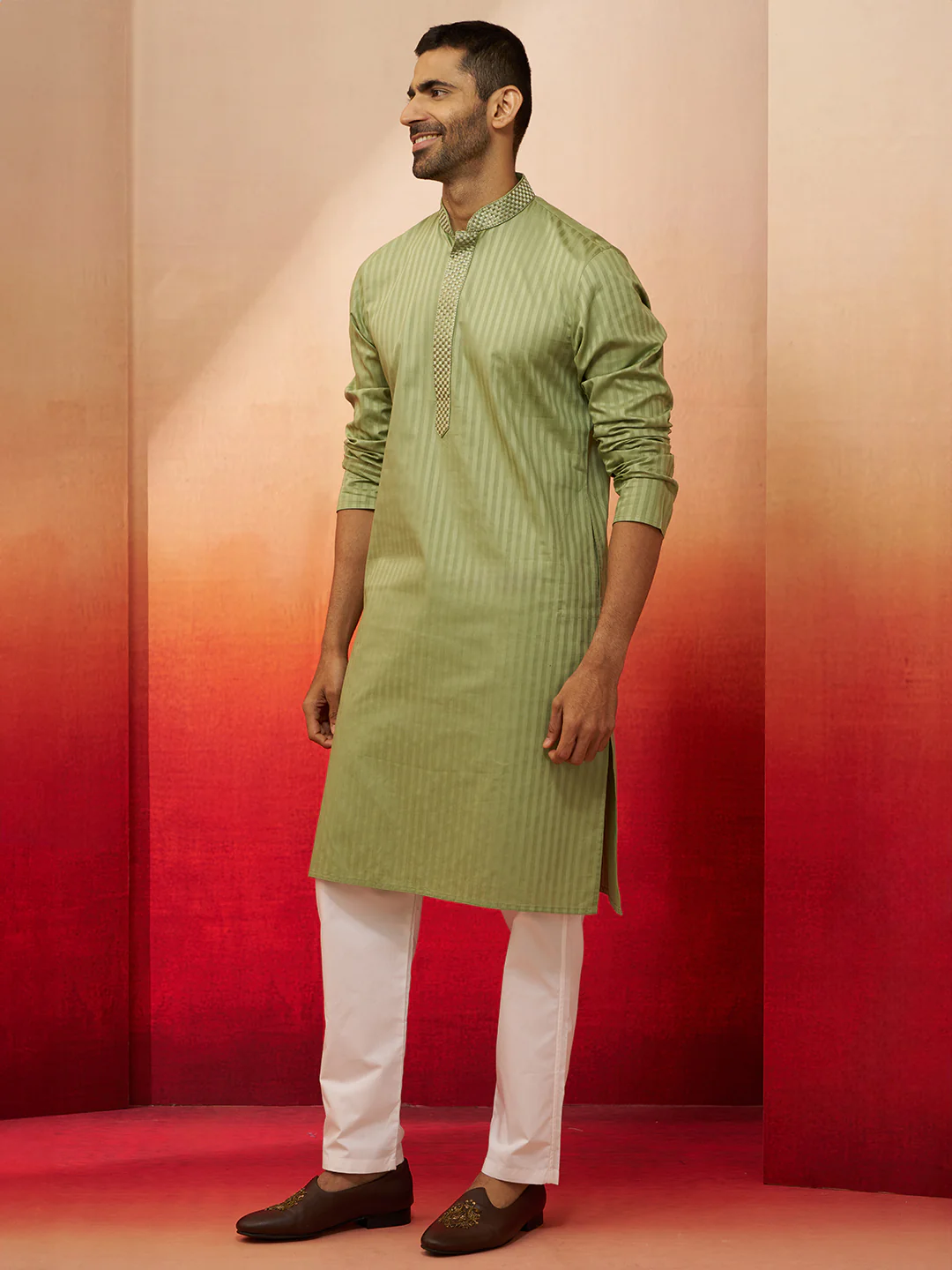 Men's Mint Green Thread Embroidered Kurta with Pyjama - Image 4