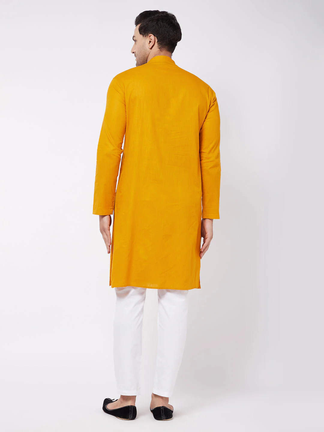 Men's Mustard And White Solid Cotton Blend Kurta Pyjama Set - Image 3