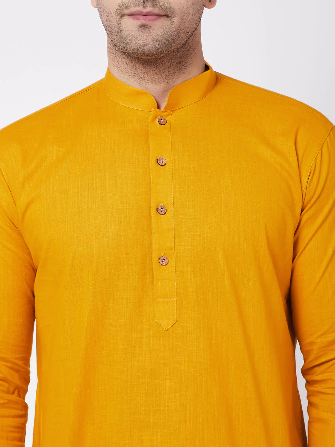 Men's Mustard And White Solid Cotton Blend Kurta Pyjama Set - Image 4