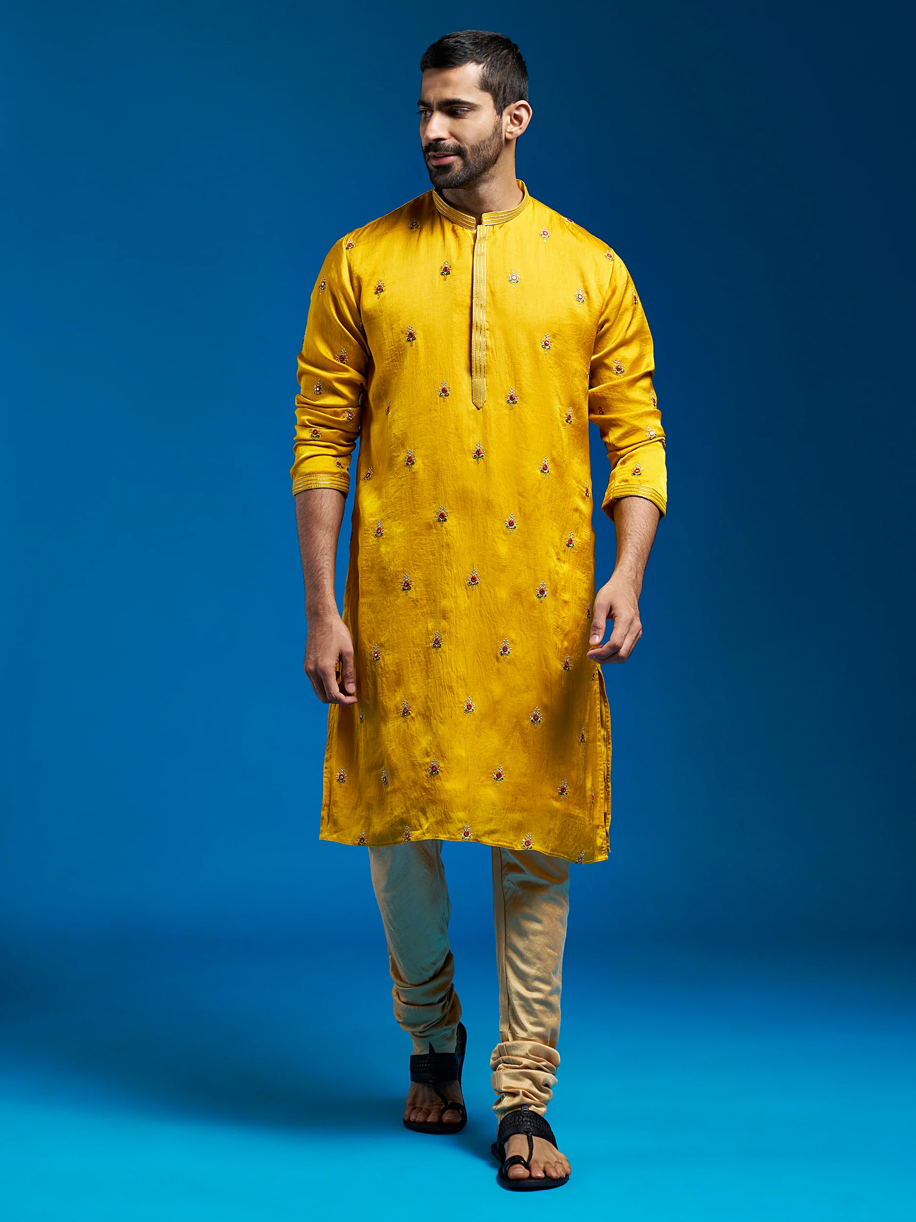 Men's Mustard Silk Blend Kurta And Pyjama Set - Image 6