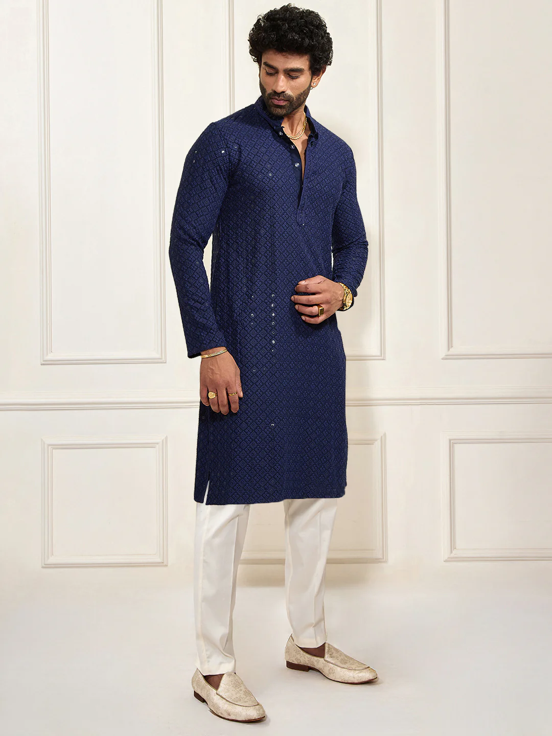 Men's Navy Blue And White Rayon Cotton Kurta Pyjama Set - Image 2