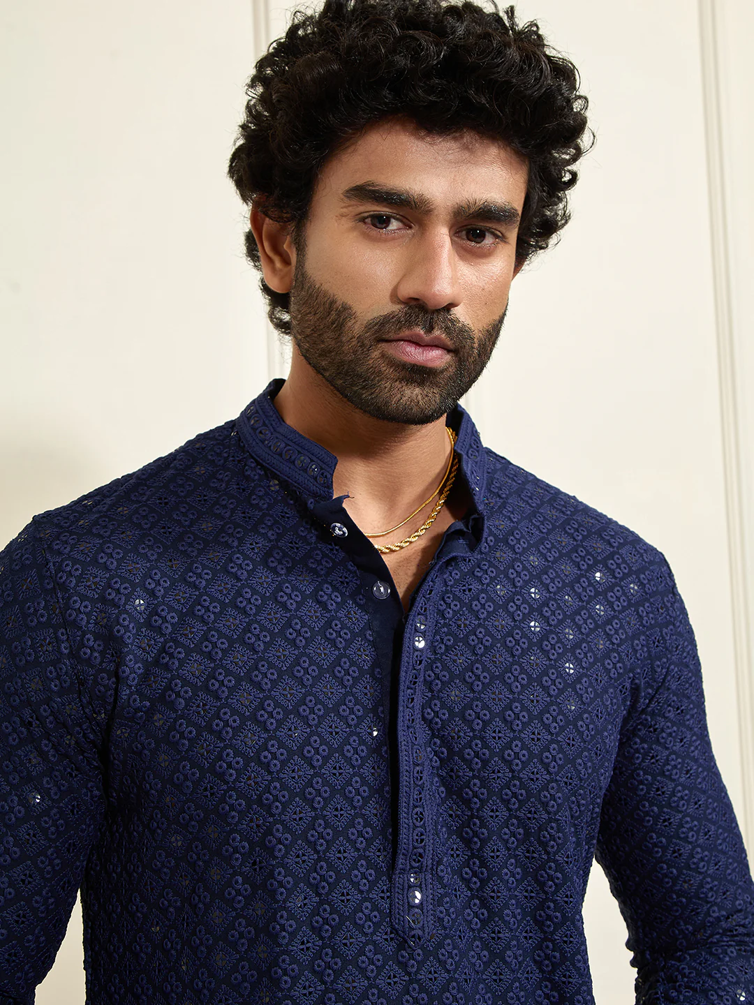 Men's Navy Blue And White Rayon Cotton Kurta Pyjama Set - Image 3