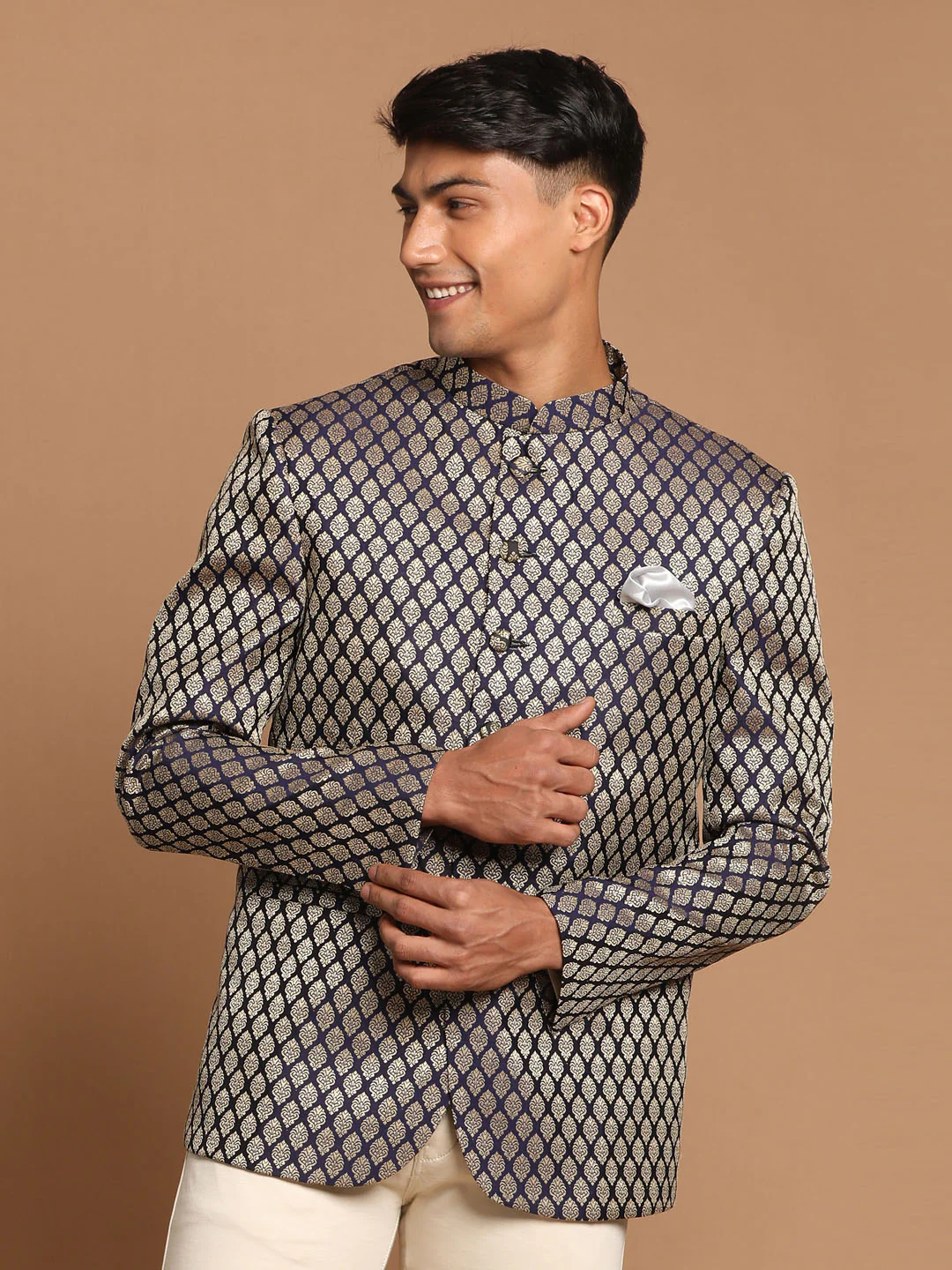 Men's Navy Blue Silk Blend Ethnic Jodhpuri - Image 2