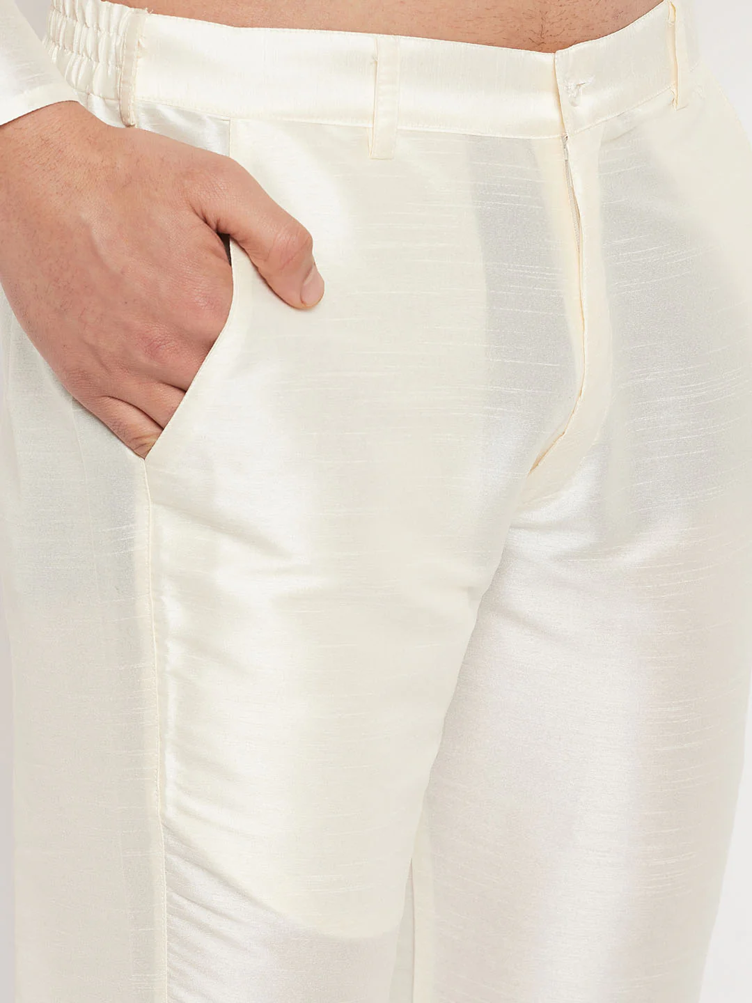 Men's Navy Blue Silk Blend Kurta And Cream Pant Style Pyjama Set - Image 5