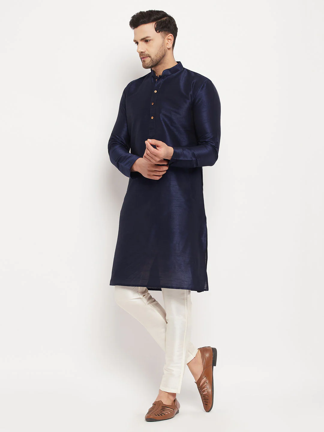 Men's Navy Blue Silk Blend Kurta And Cream Pant Style Pyjama Set - Image 6