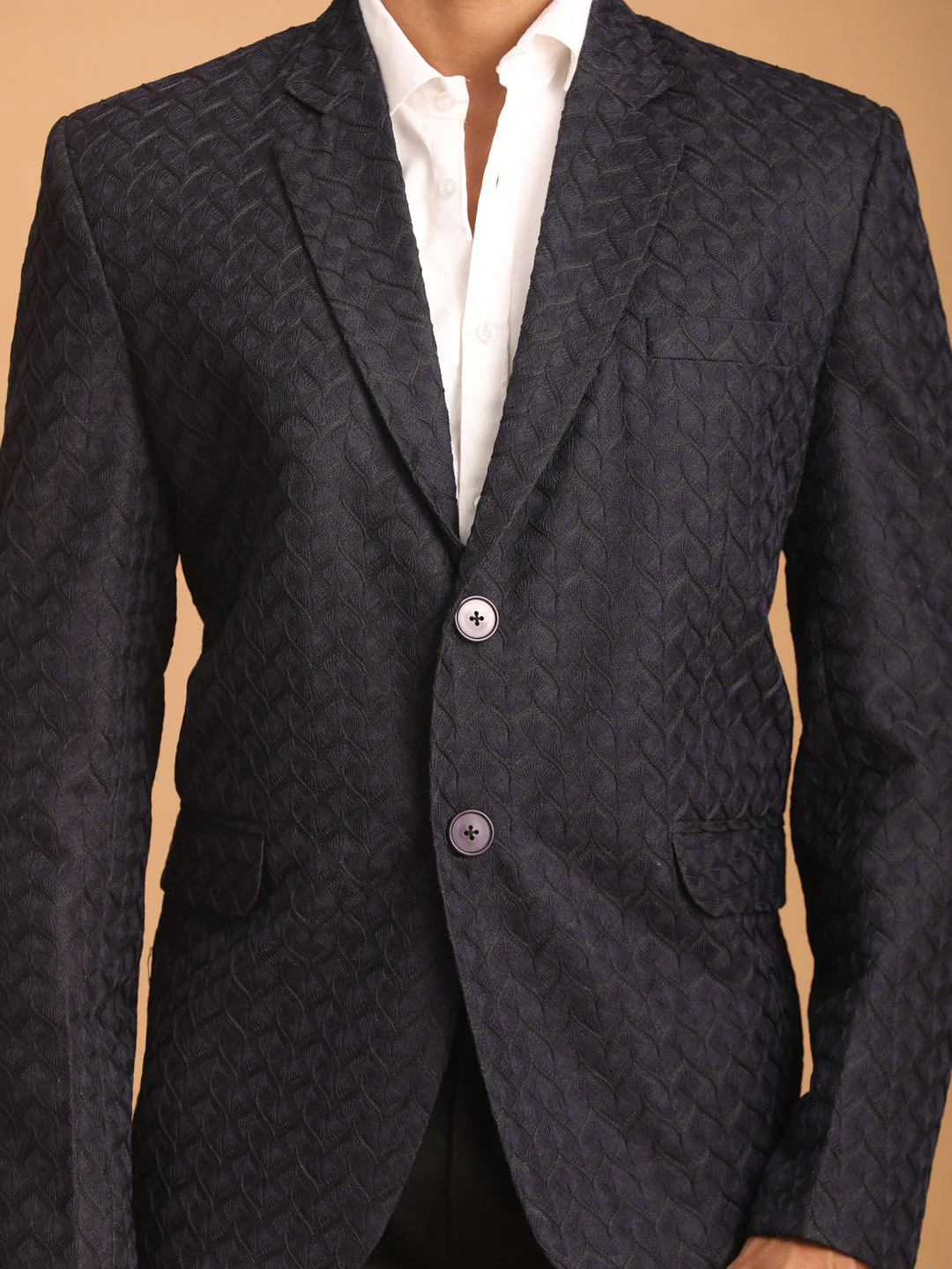 Men's Navy Blue Silk Blend Self Design Blazer - Image 4