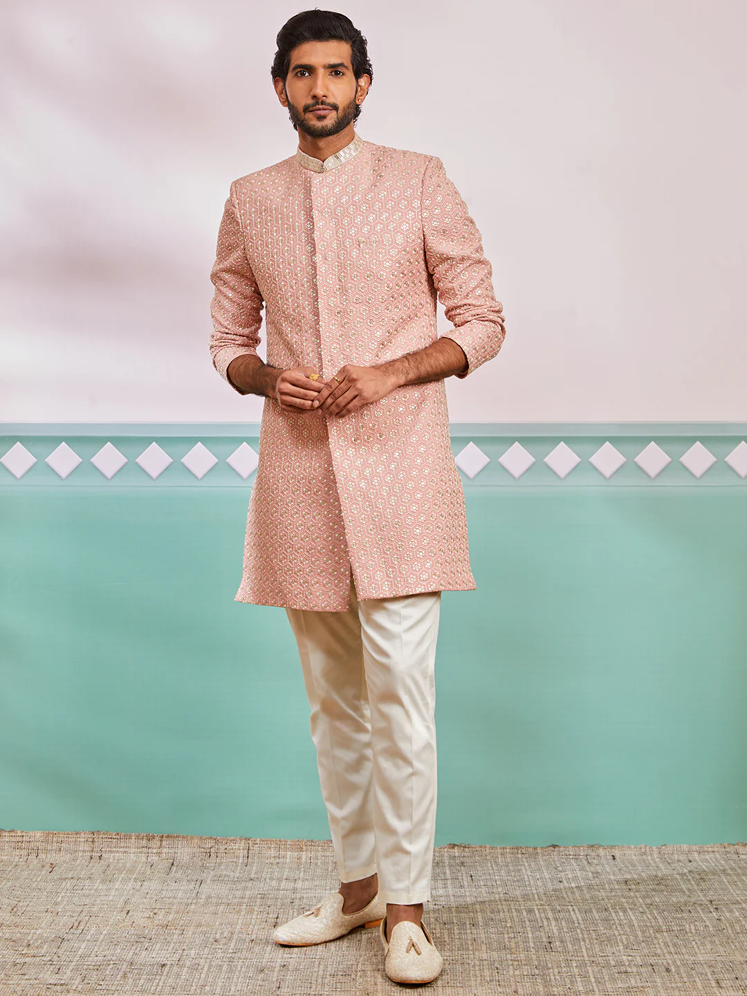 Men's Peach Rayon Indo Western And Pyjama Set - Image 2