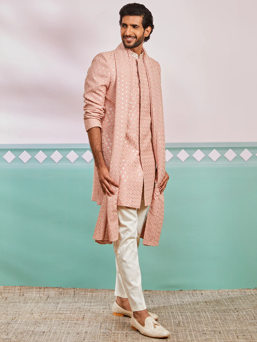 Men's Peach Rayon Indo Western, Pyjama And Dupatta Set - Image 4
