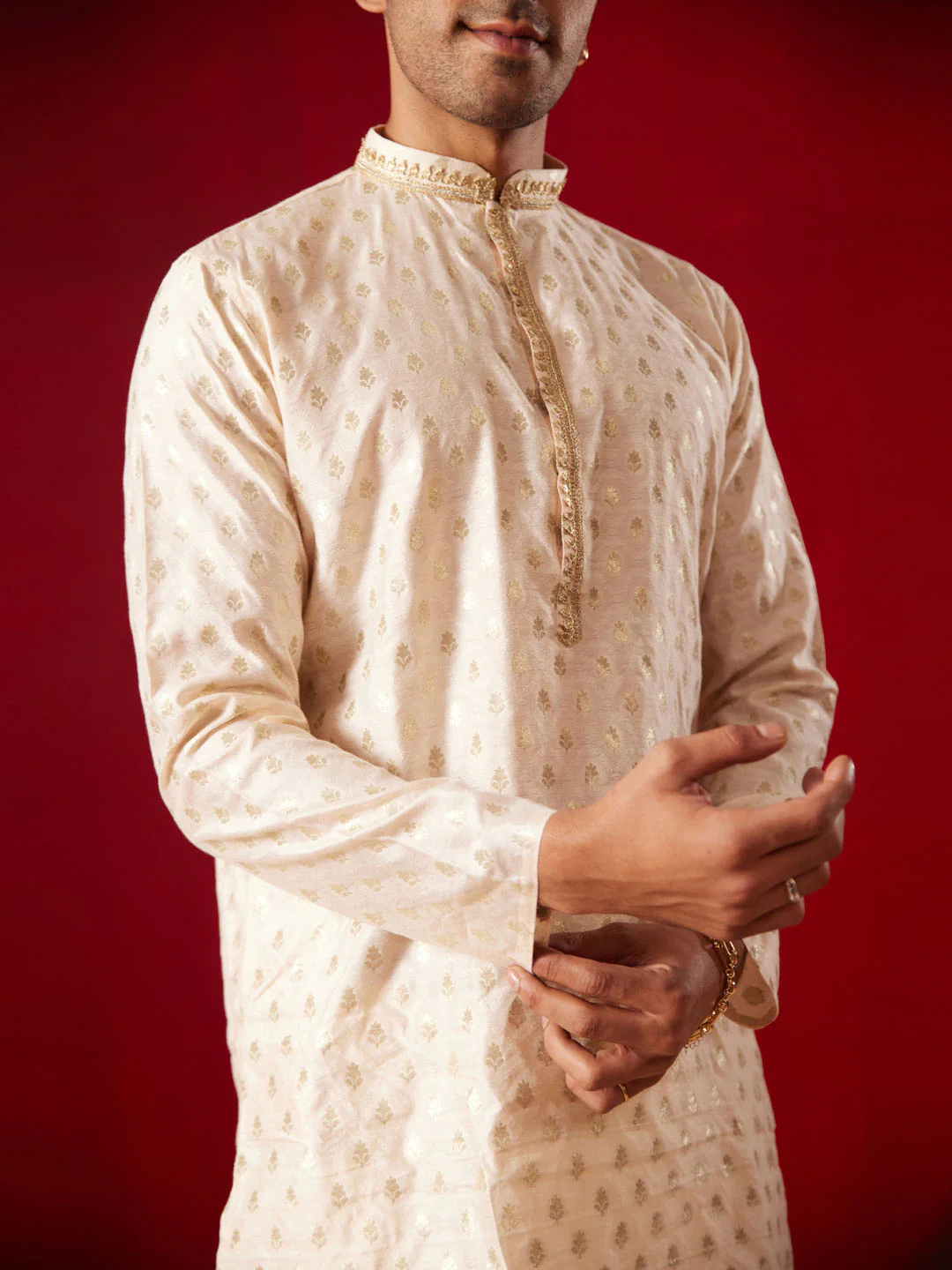 Men's Peach Silk Blend Jacquard Kurta With Pant Set - Image 4