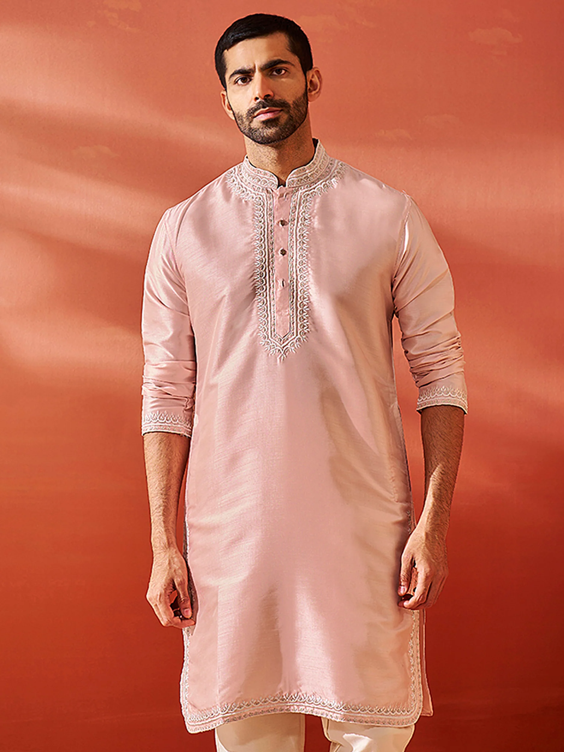 Men's Peach Silk Blend Kurta - Image 5
