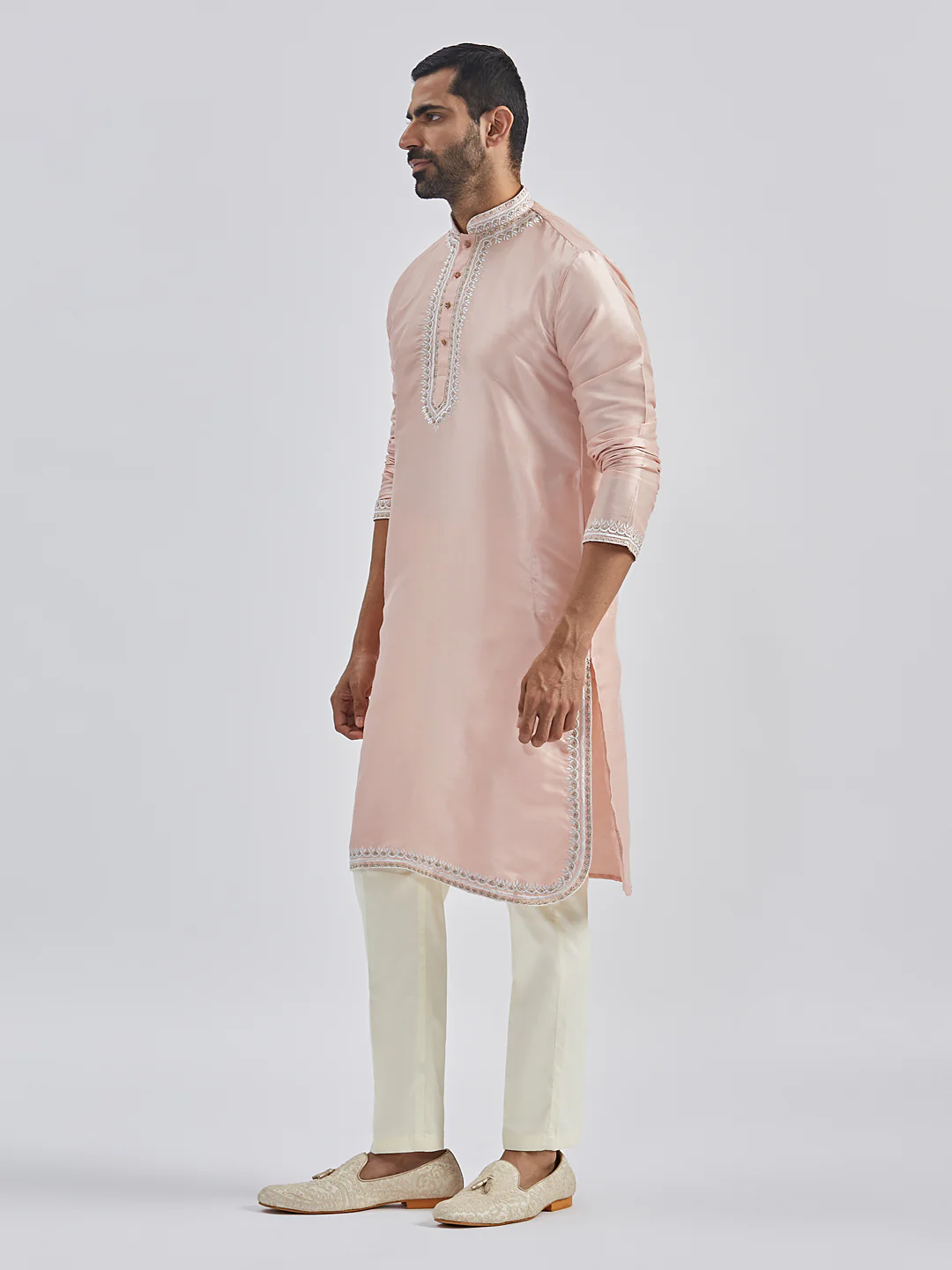 Men's Peach Silk Blend Kurta And Pyjama Set. - Image 4