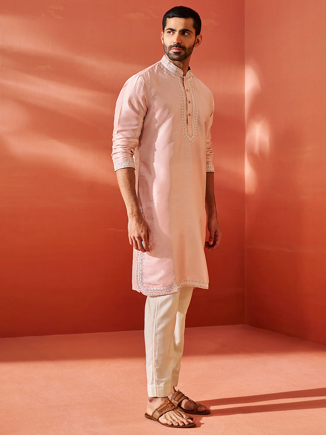 Men's Peach Silk Blend Kurta And Pyjama Set. - Image 3