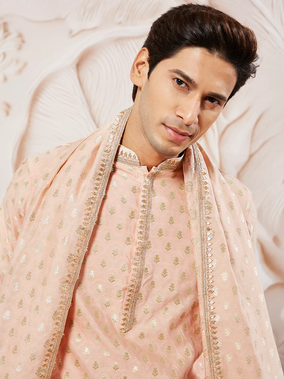 Men's Peach Silk Blend Kurta Pyjama Set - Image 3