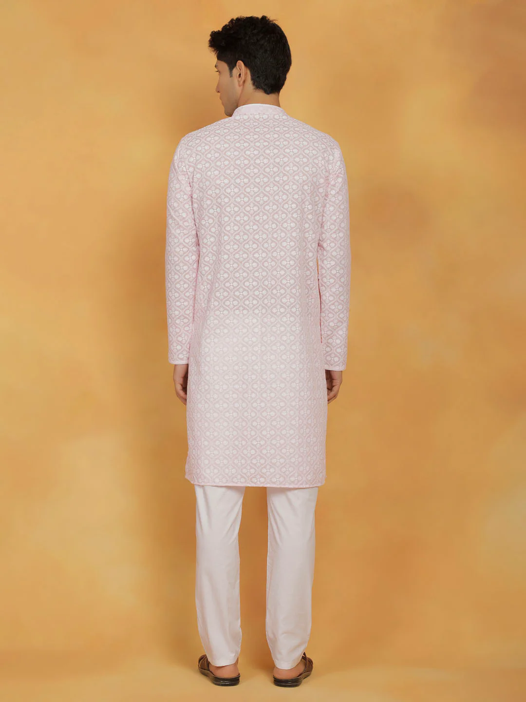 Men's Pink And White Cotton Kurta And Pyjama Set - Image 3
