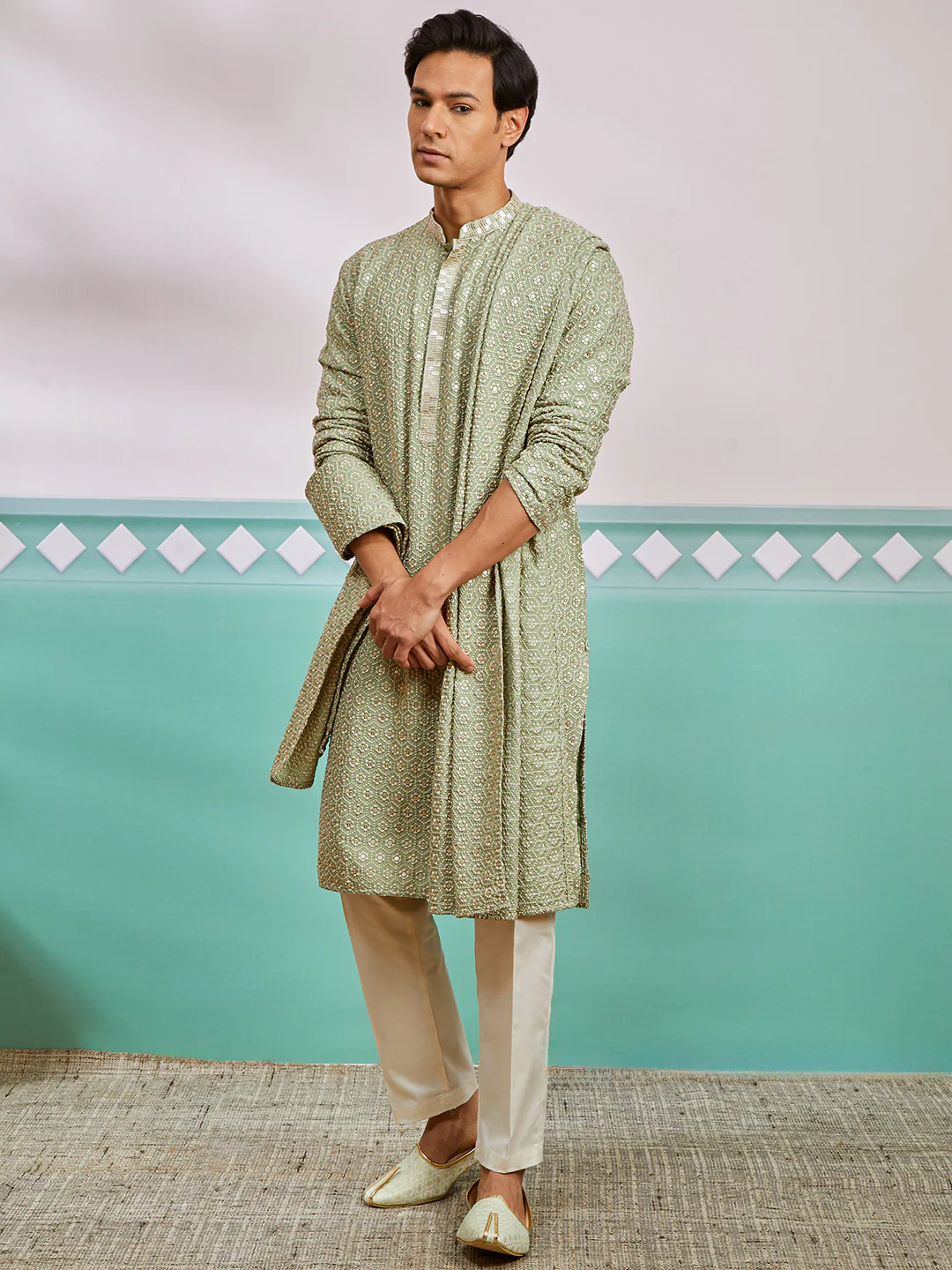 Men's Pista Green Rayon Kurta, Pyjama And Dupatta Set. - Image 7