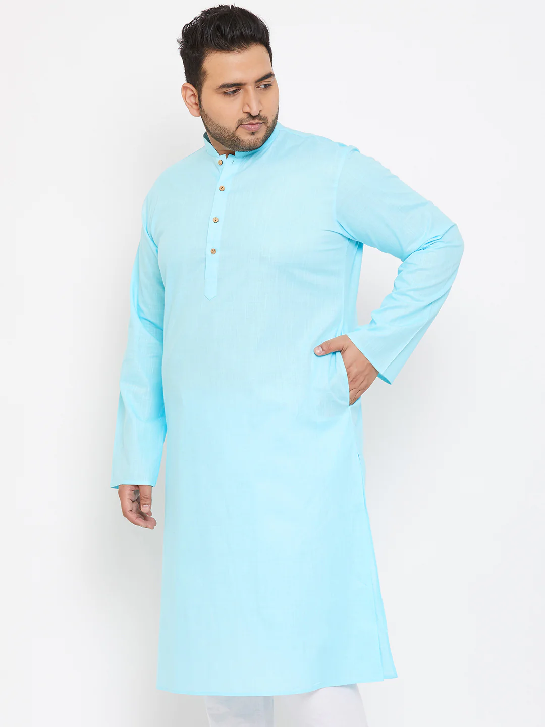 Men's Plus Size Aqua Blue Cotton Kurta - Image 2