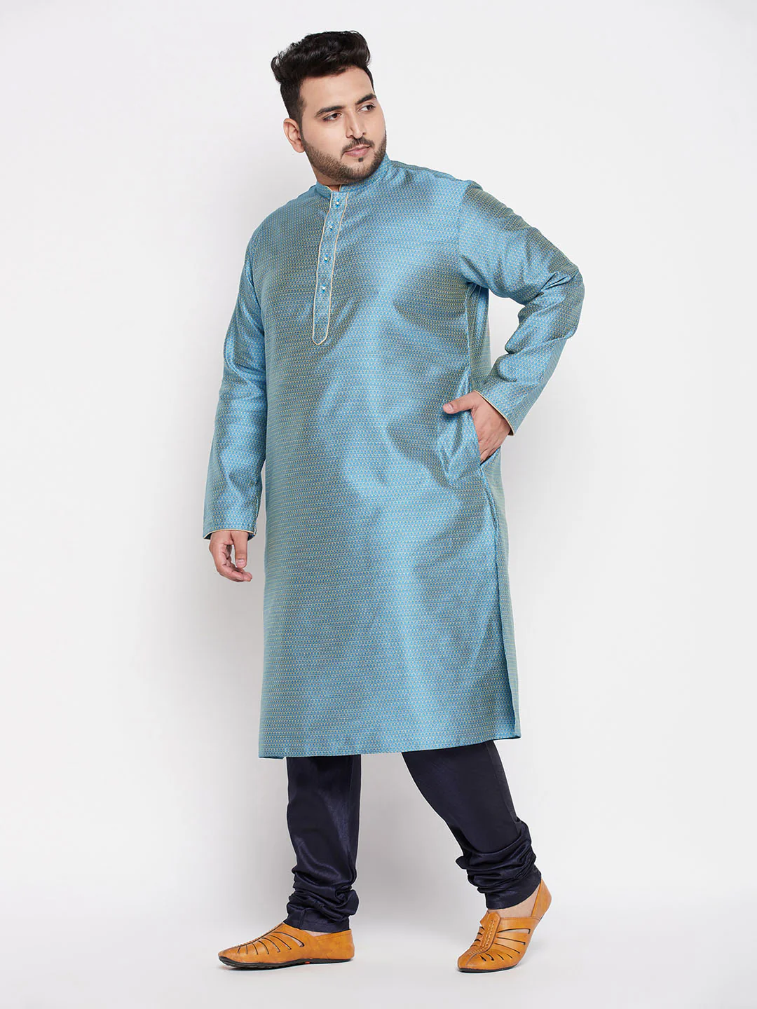 Men's Plus Size Aqua Blue Woven Kurta And Navy Blue Pyjama Set - Image 2