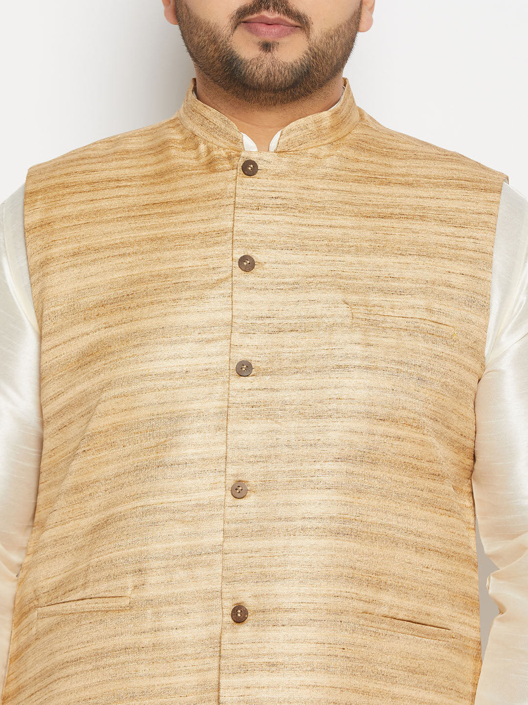 Men's Plus Size Beige Matka Silk Nehru Jacket With Cream Silk Blend Kurta Andpant Style Pyjama Set - Image 4