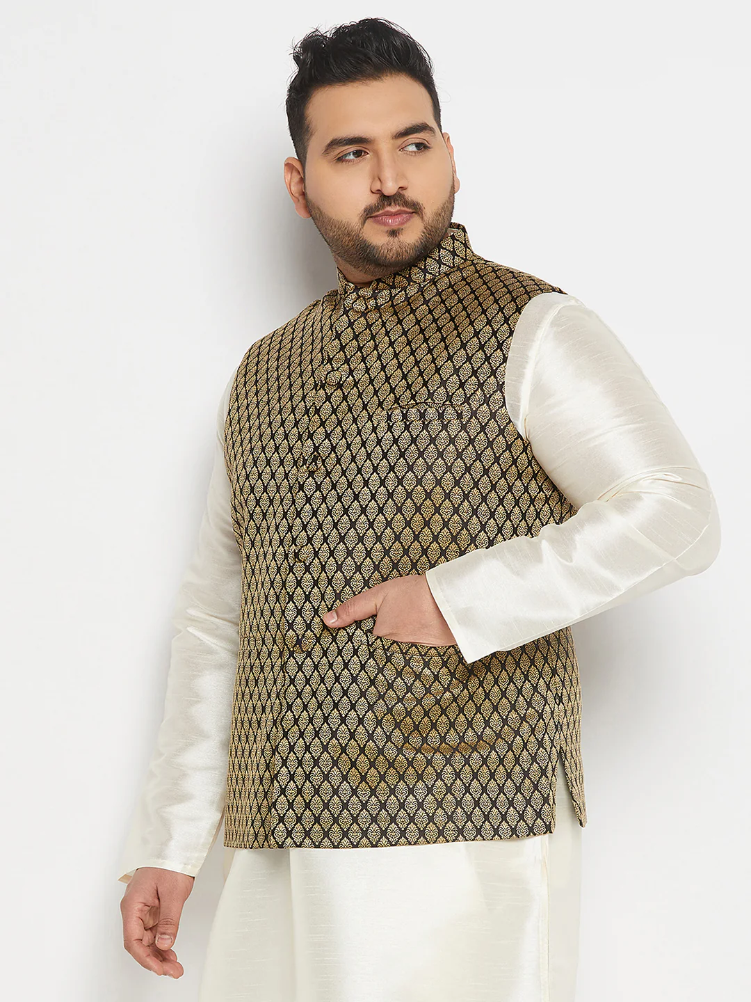 Men's Plus Size Black And Gold Jacquard Nehru Jacket - Image 2