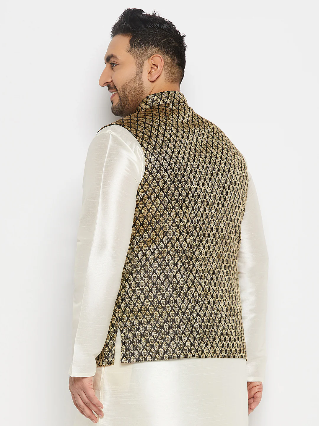 Men's Plus Size Black And Gold Jacquard Nehru Jacket - Image 3