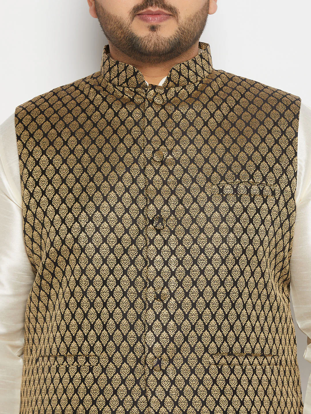 Men's Plus Size Black And Gold Jacquard Nehru Jacket - Image 4
