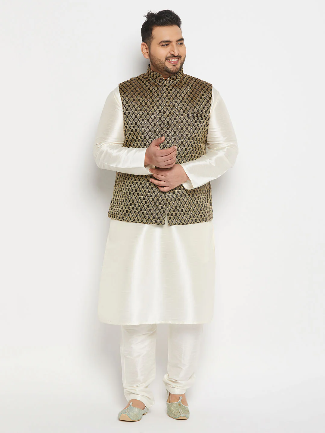 Men's Plus Size Black And Gold Jacquard Nehru Jacket - Image 5
