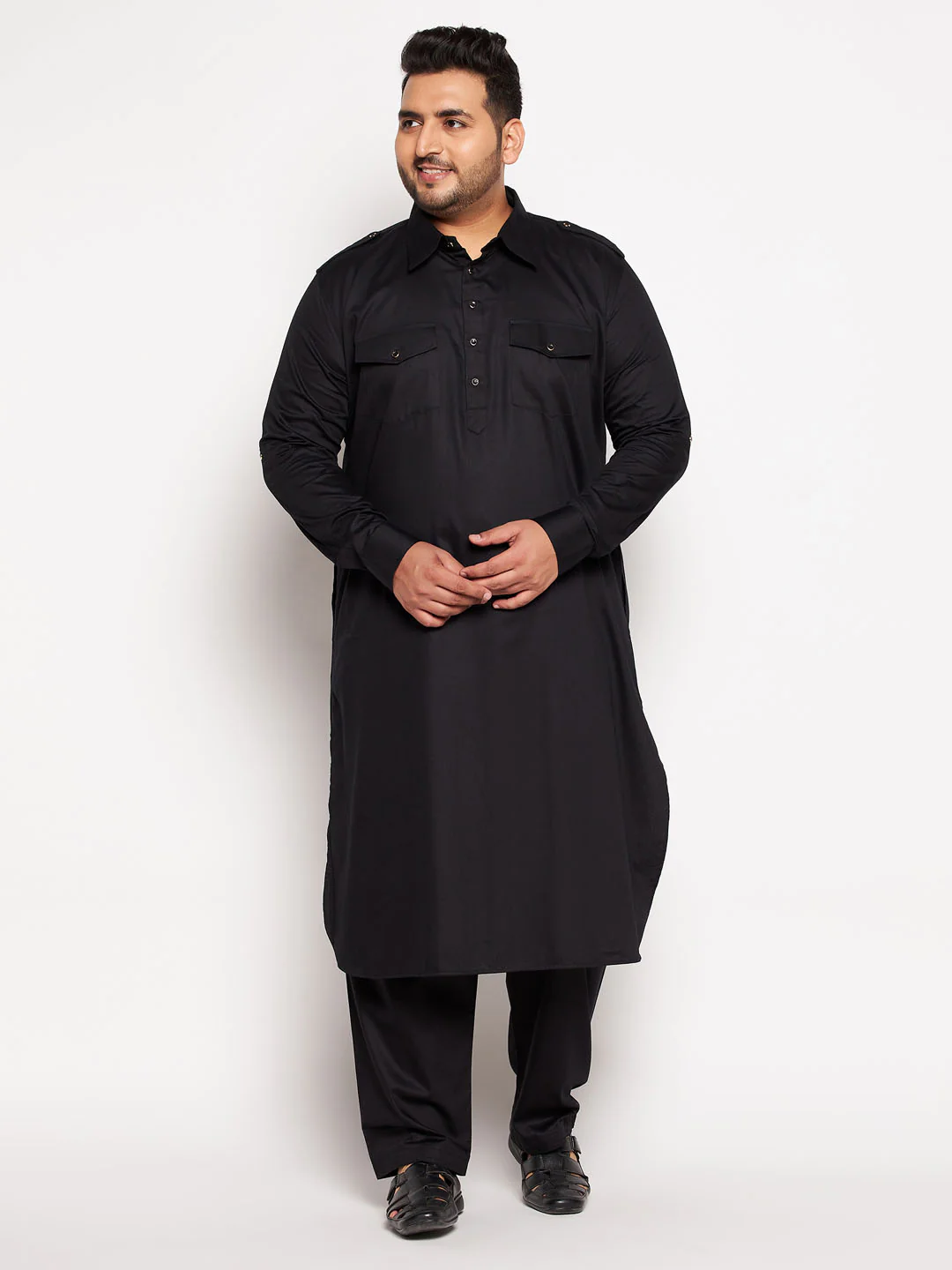 Men's Plus Size Black Cotton Blend Pathani Kurta