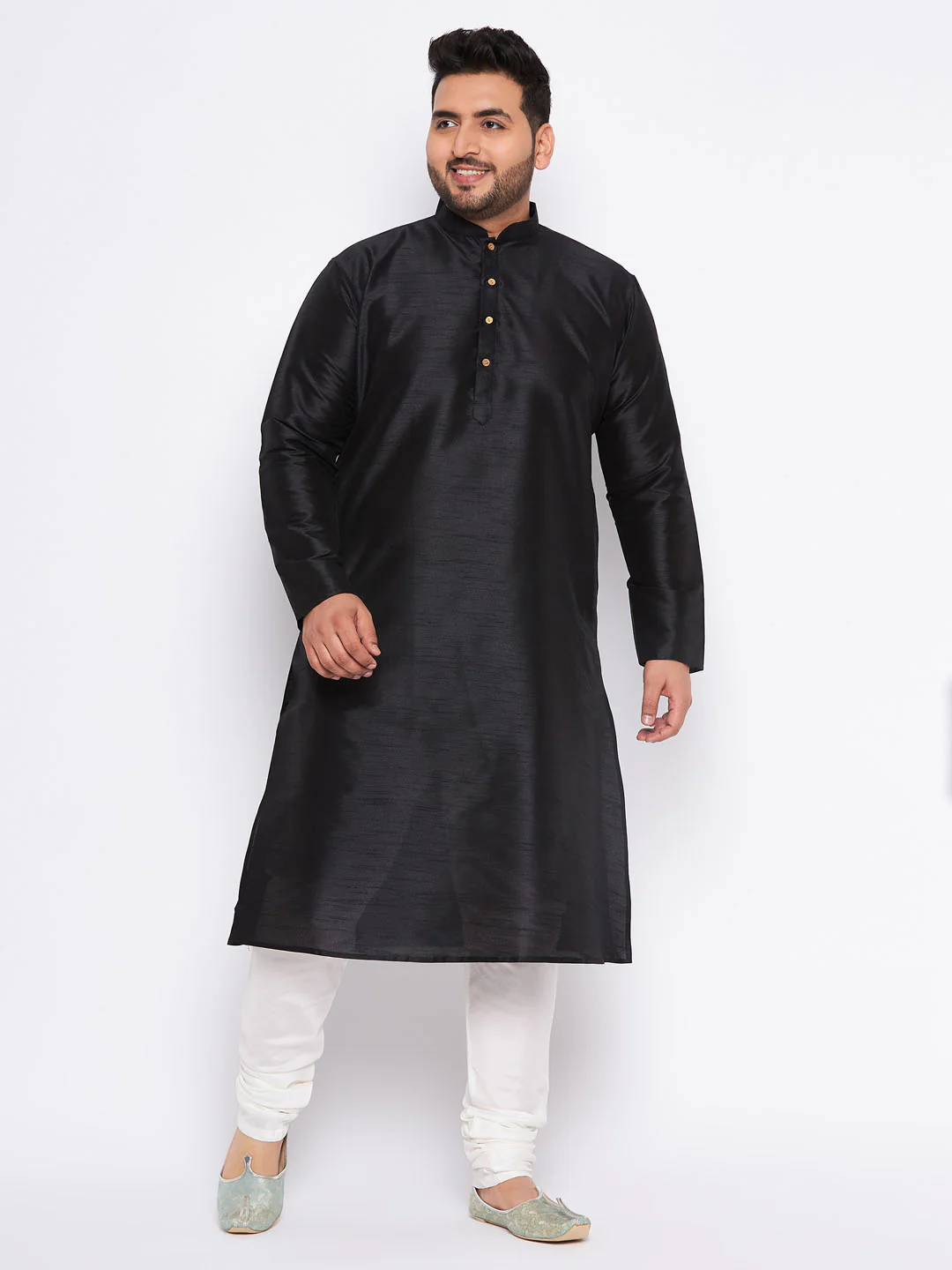 Men's Plus Size Black Cotton Silk Blend Kurta And Cream Pyjama Set - Image 7