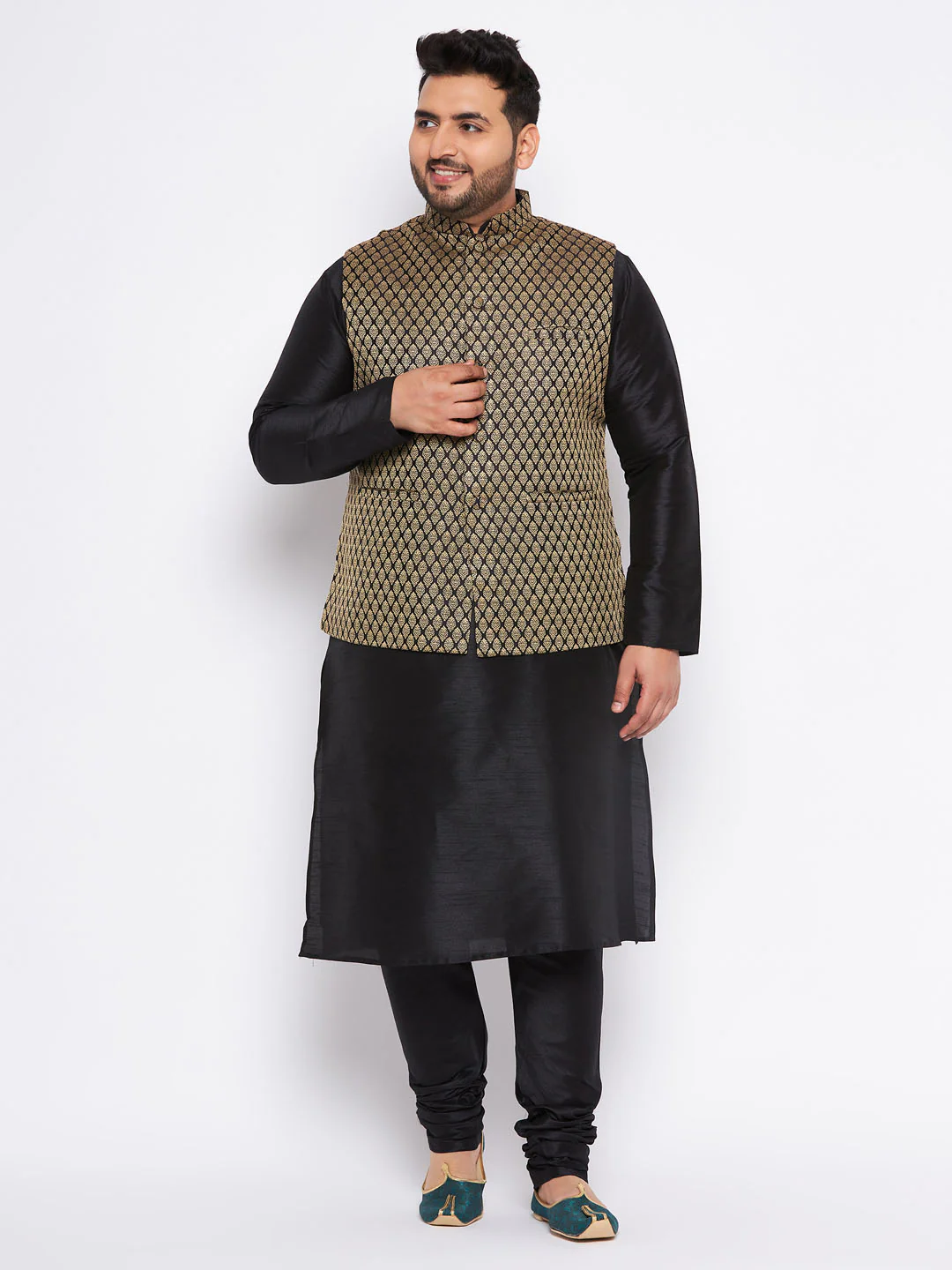 Men's Plus Size Black Ethnic Jacket With Black Silk Blend Kurta And Pyjama Set