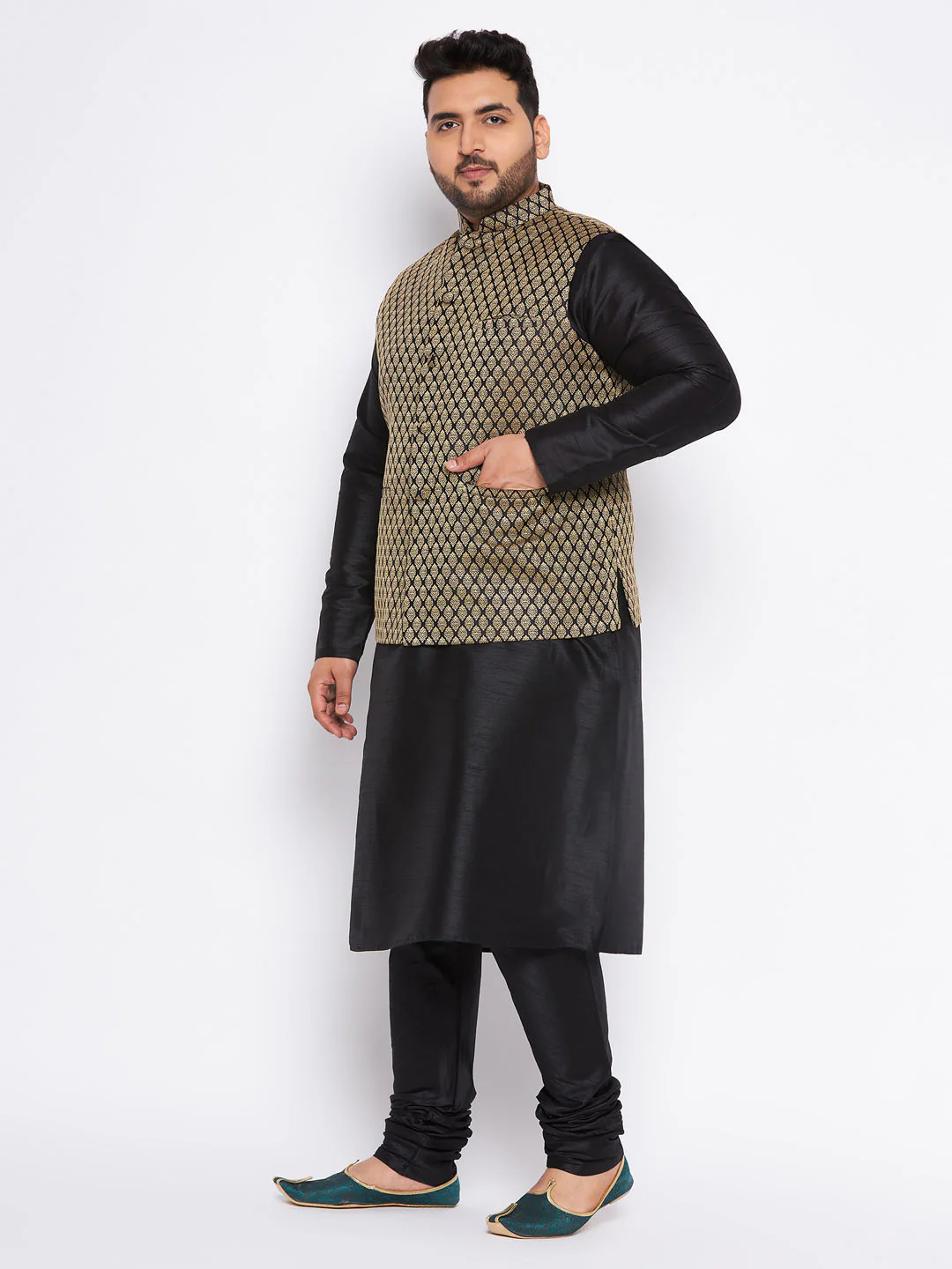Men's Plus Size Black Ethnic Jacket With Black Silk Blend Kurta And Pyjama Set - Image 2