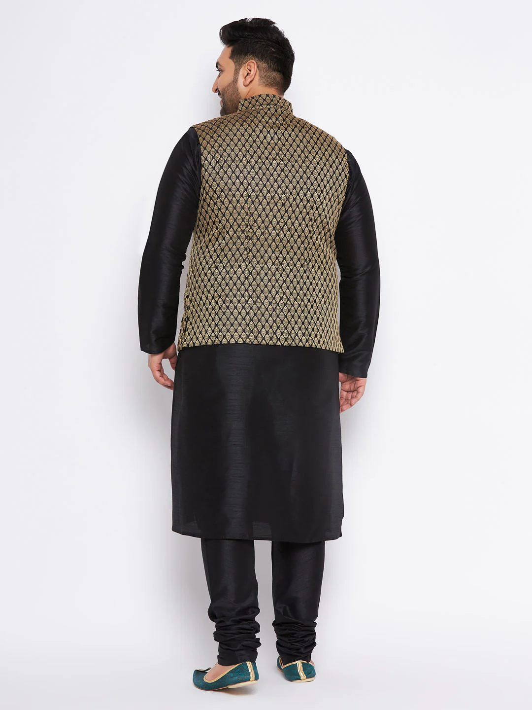 Men's Plus Size Black Ethnic Jacket With Black Silk Blend Kurta And Pyjama Set - Image 3