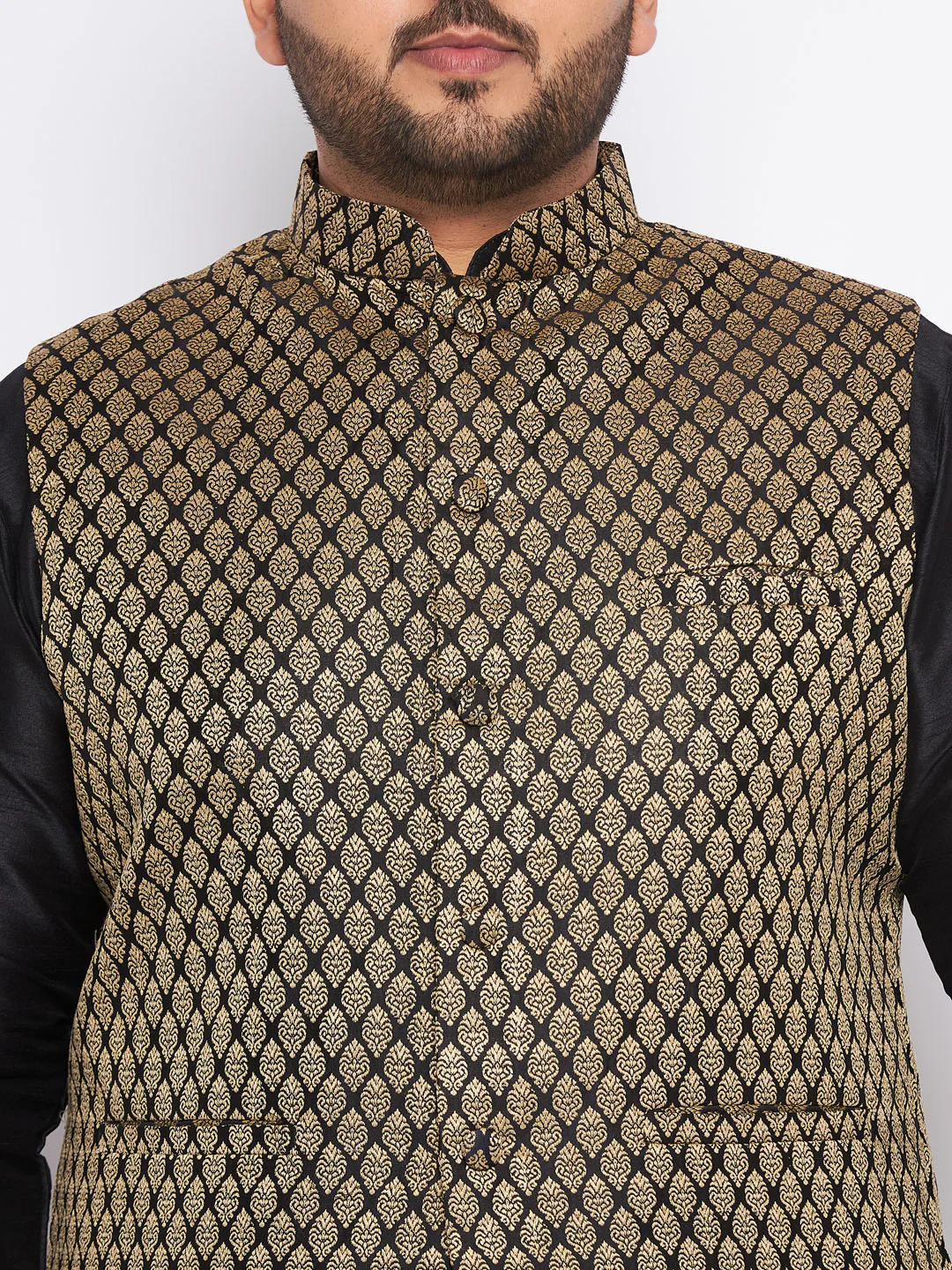 Men's Plus Size Black Ethnic Jacket With Black Silk Blend Kurta And Pyjama Set - Image 4