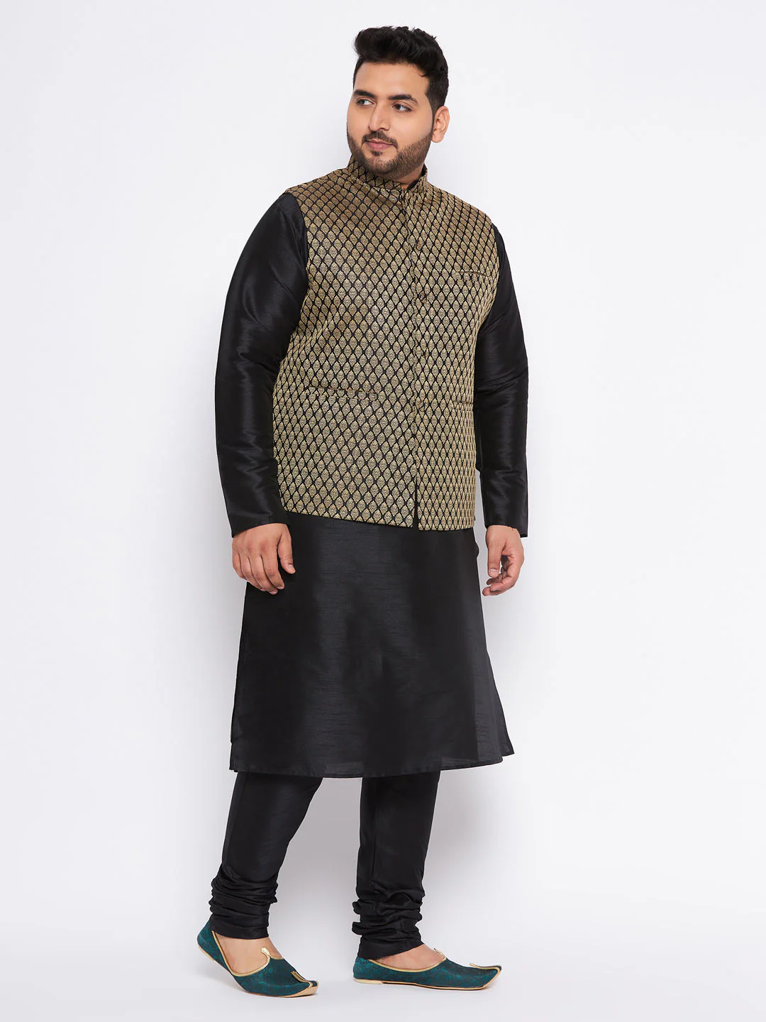 Men's Plus Size Black Ethnic Jacket With Black Silk Blend Kurta And Pyjama Set - Image 6