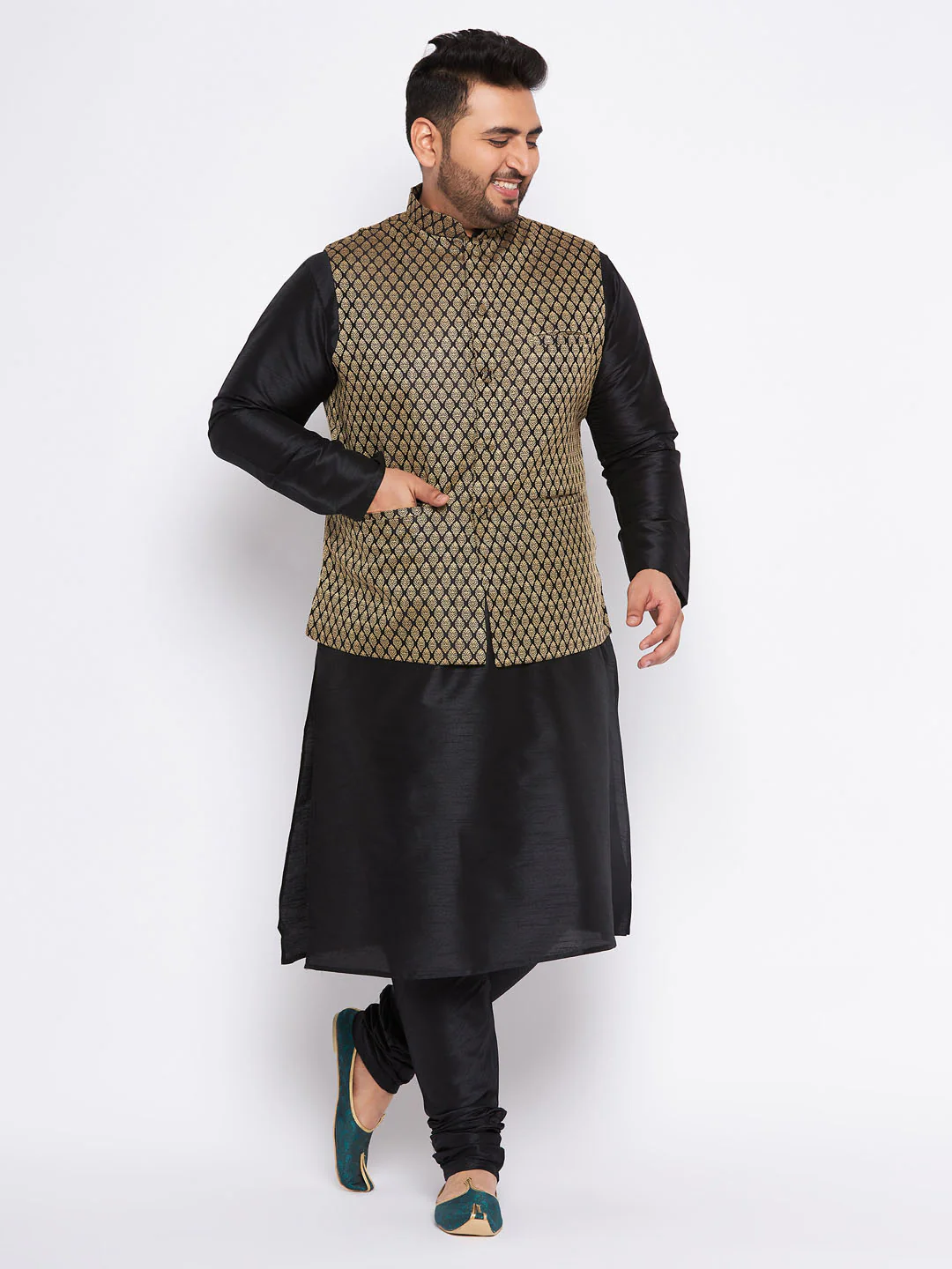 Men's Plus Size Black Ethnic Jacket With Black Silk Blend Kurta And Pyjama Set - Image 7